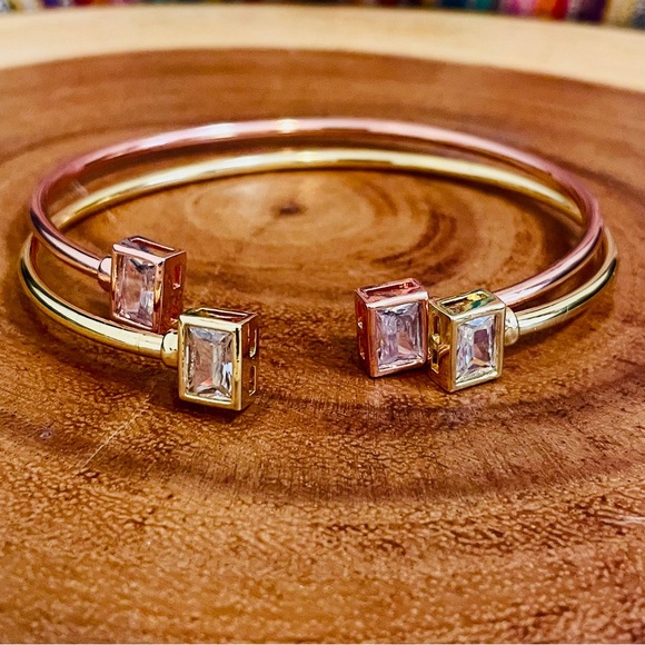 Two Tone Baguette Cut CZ Adjustable Cuff Bangle Duo Gold & Rose Gold Filled - Picture 2 of 10